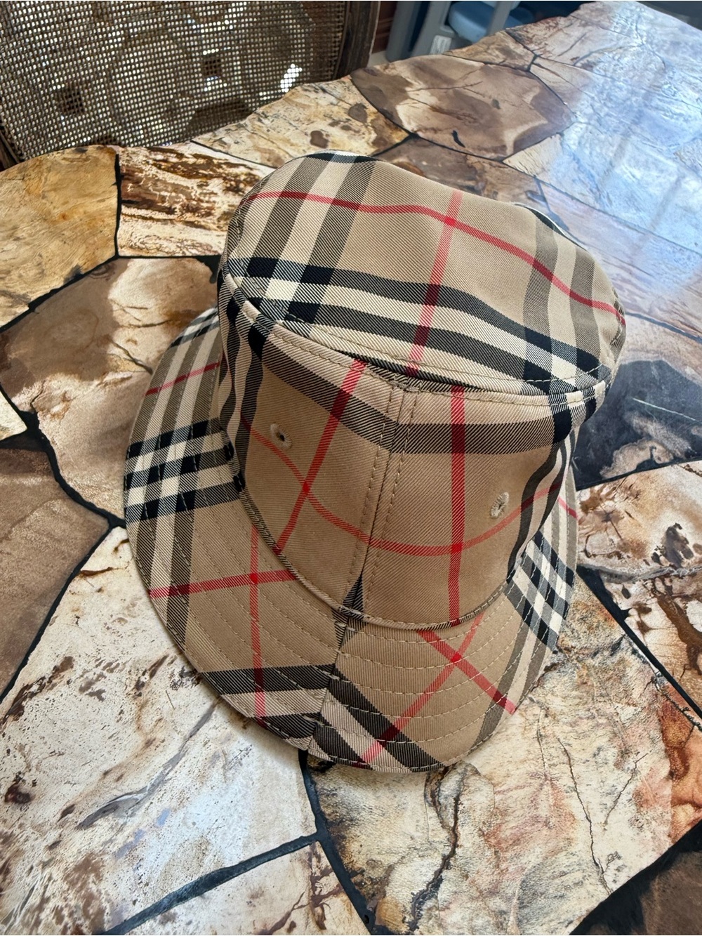 Burberry Beige Tan Plaid Bucket Hat with Red and Black Accents